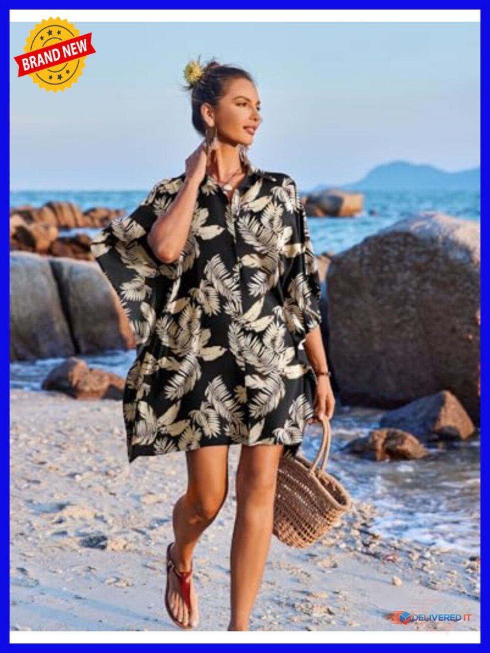 3/4 Sleeve Button Down Cover Up Loose Fit Swimsuit Beachwear - Picture 5 of 6